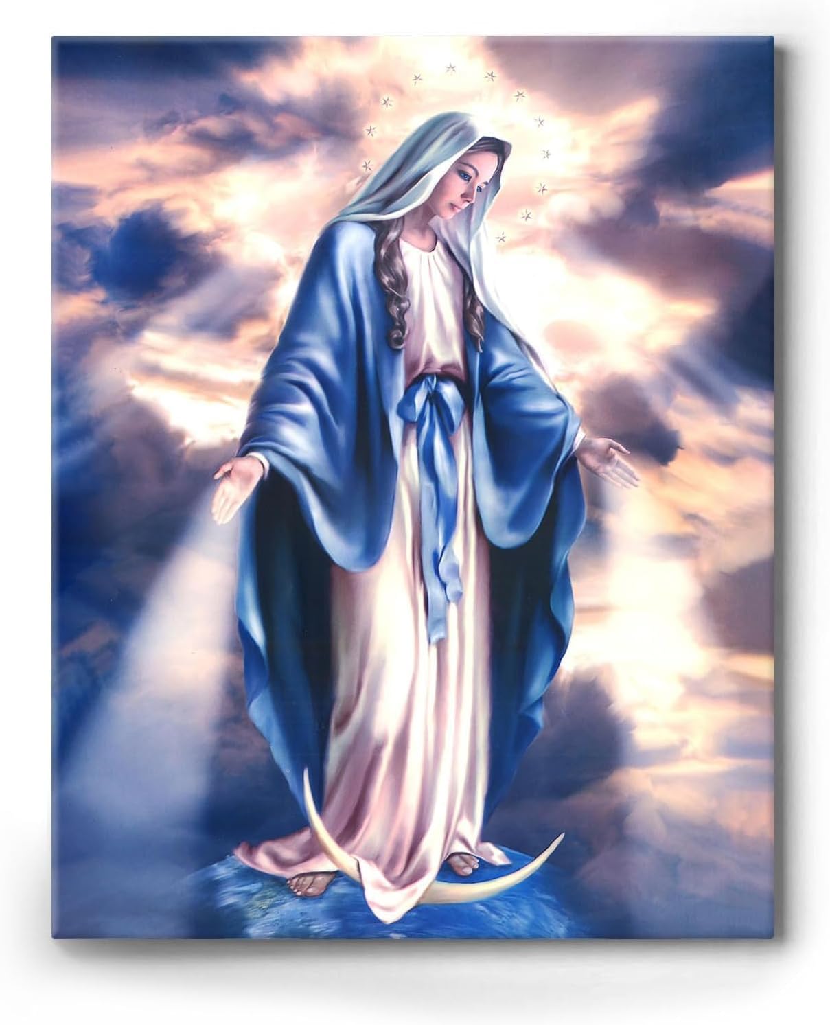 Our Lady of Grace Canvas Wall Art - Traditional Virgin Mary Blue Painting - Blessed Mother Immaculate Conception Catholic Picture - Framed Christian Print for Bedroom Living Room 12x16 inch