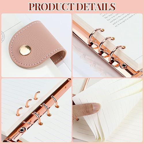 Miniatura 3 de Carpeta A5 con 6 anillas transparentes, anillo redondo de oro rosa con 90 hojas de papel interior forrado, carpeta de presupuesto A5 con cierre a
