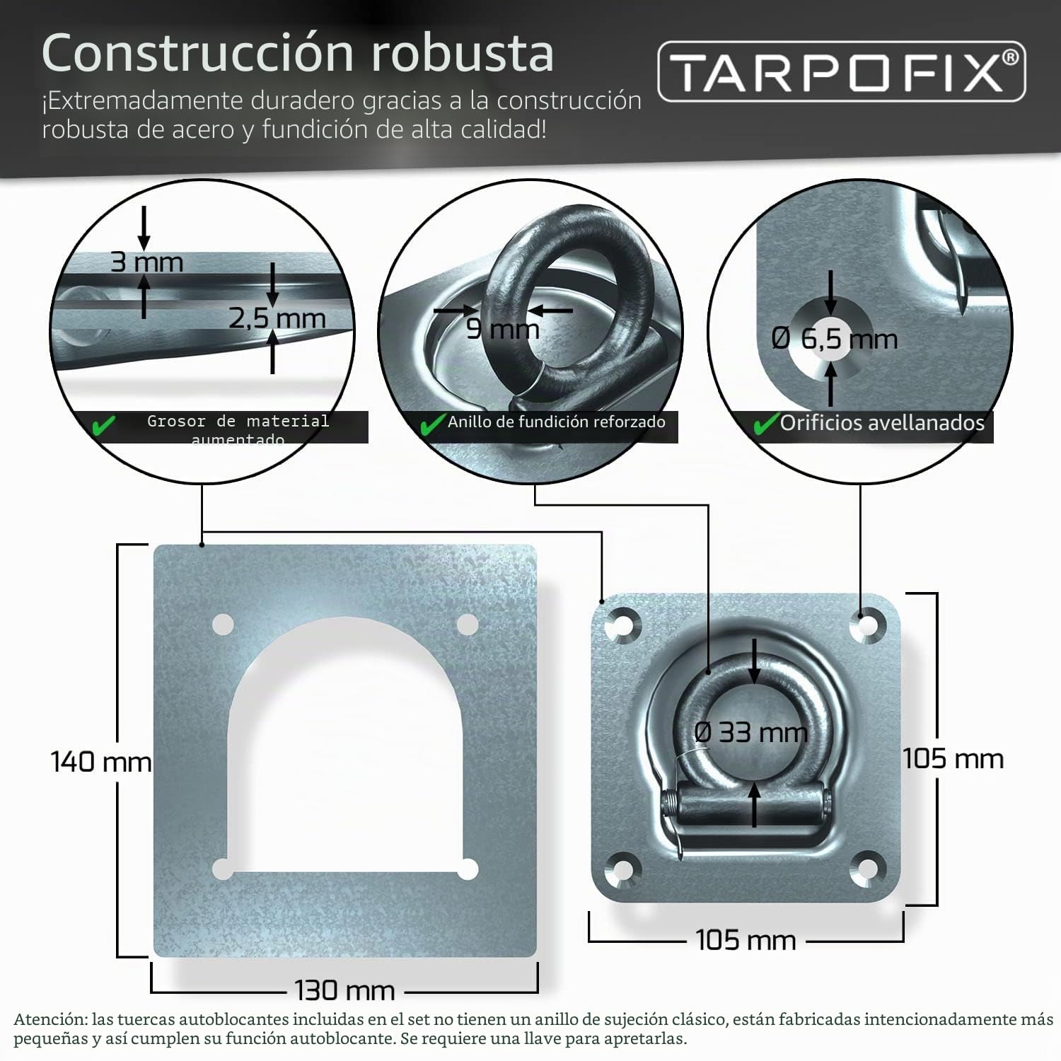 Tarpofix® Anillos de Amarre para Remolque con Contraplacas y Tornillos (6 Unidades) - Huecos Robustos con Fuerza de Tracción de 800 daN por Gancho - Rosas