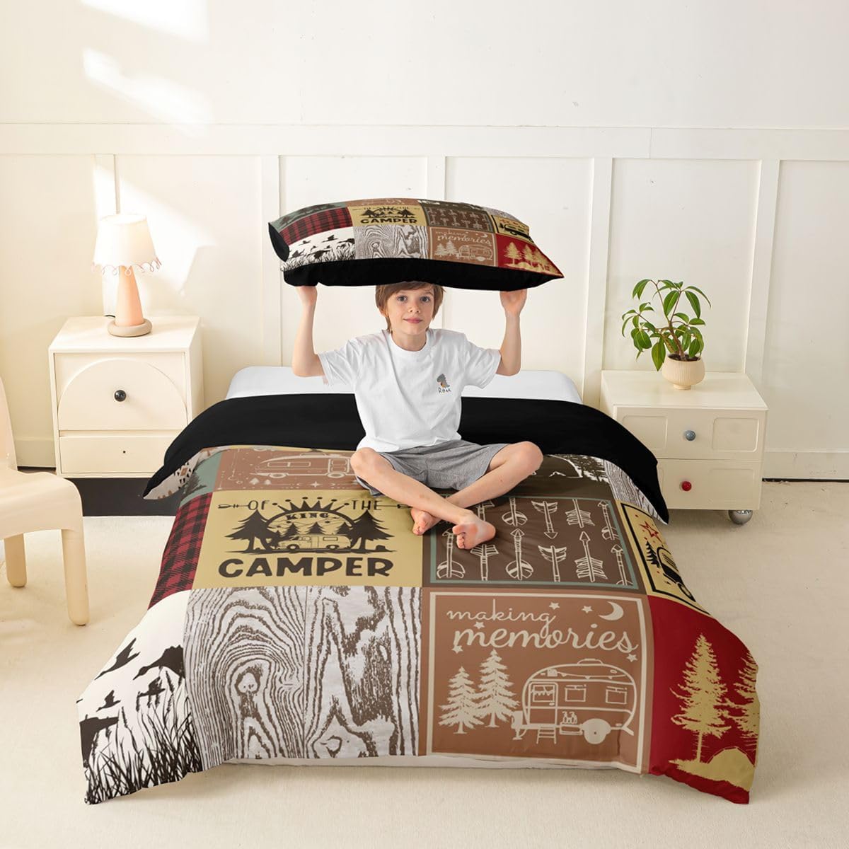 Erosebridal Happy Camping Theme Toddler Comforter Cover Retro Camper Bedding Set for Rv Rustic Plaid Bear Deer Duck Duvet Cover for Kids Adults,Woodland Adventure Bed Set