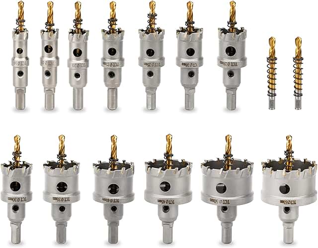 dashap 15PCS Carbide Hole Saw Kit with 2 Drill Bits,TCT Hole Saw Set for Metal,Tipped Tooth Cutting Hole Saw Within 5/8'' ...