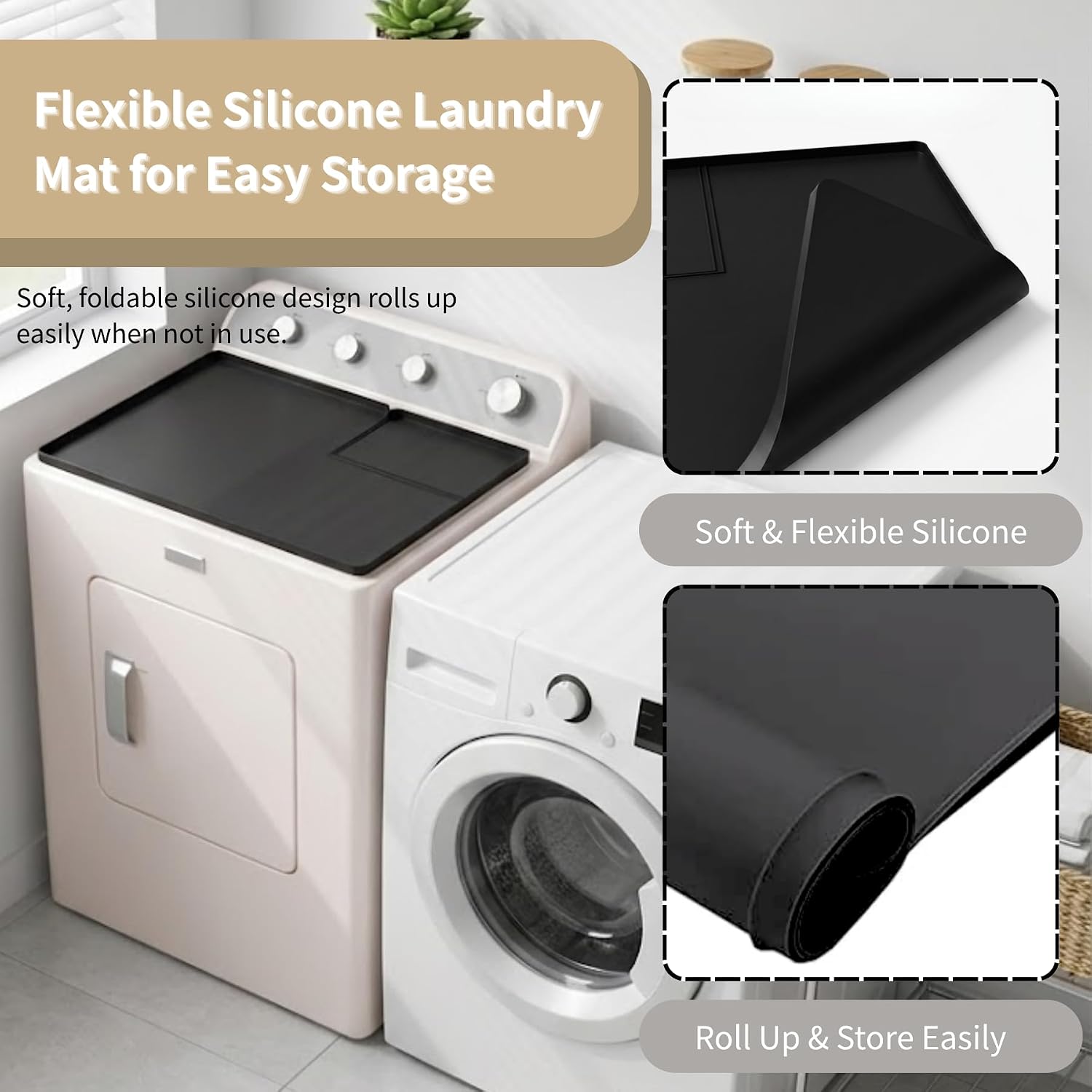 Dryer Top Protector Mat with Lint Trap Hole Cut Out, 26" x 17.75" Dryer Cover for the Top with Raised Lip, Silicone Non-Slip Heavy Duty Waterproof Washable for Kitchen Laundry Machine, Black