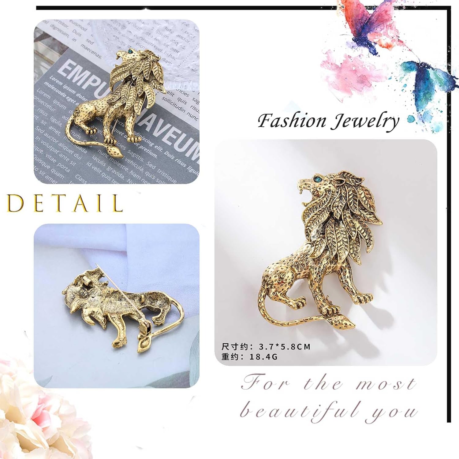 Gold Lion Brooch Pin Green Crystal Eye Lion Brooch Vintage Lion Animal Lapel Pin Cartoon Lion King Pin Corsage Badges Cool Jewelry for Women Men - Image 4