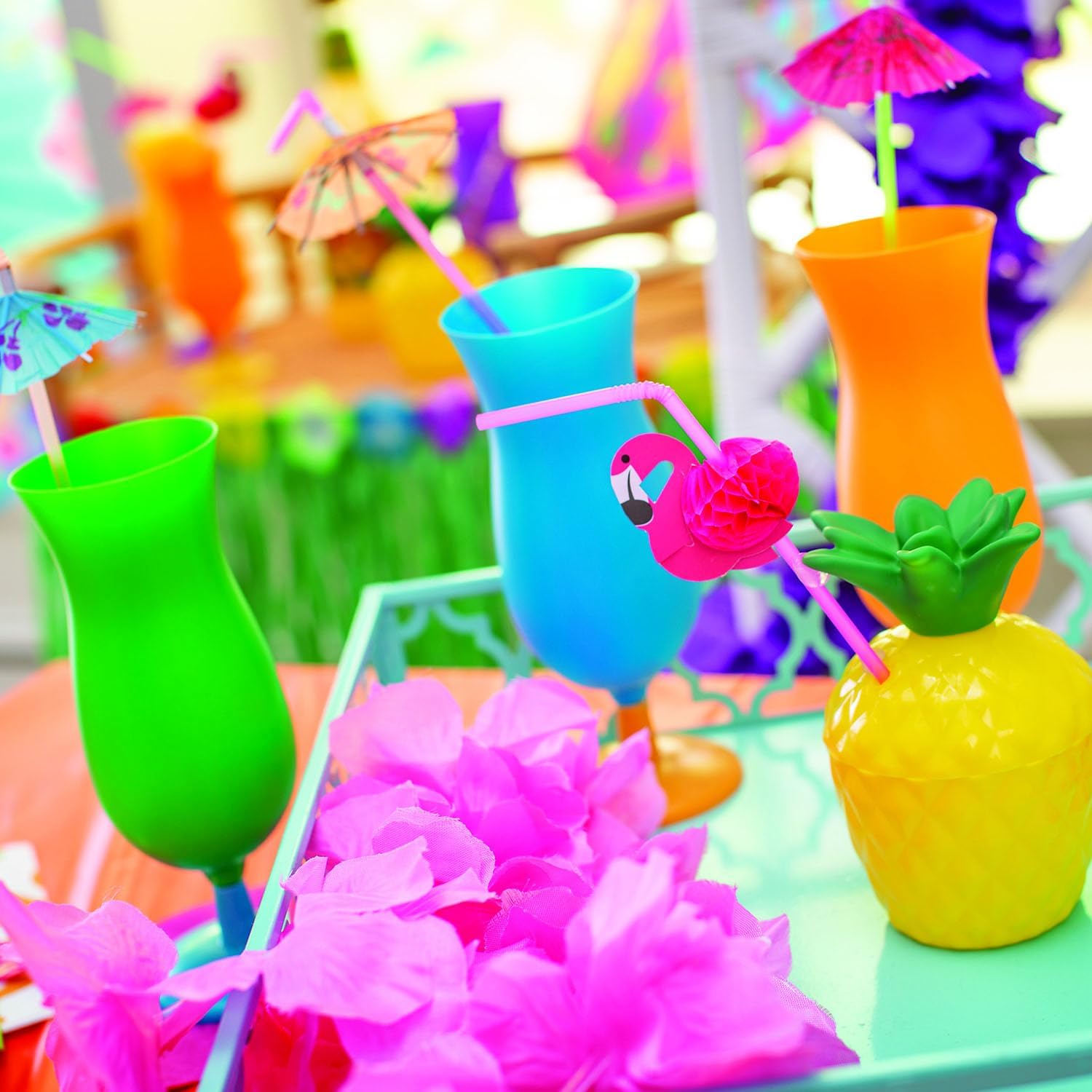 Fun Express Plastic Cocktail Glasses Hurricane Style 14 oz Set of 12 - Neon Reusable Tiki Glasses for Cocktails, Luau Cups & Outdoor Parties | Unbreakable Acrylic Drinkware for Pool & Summer Events