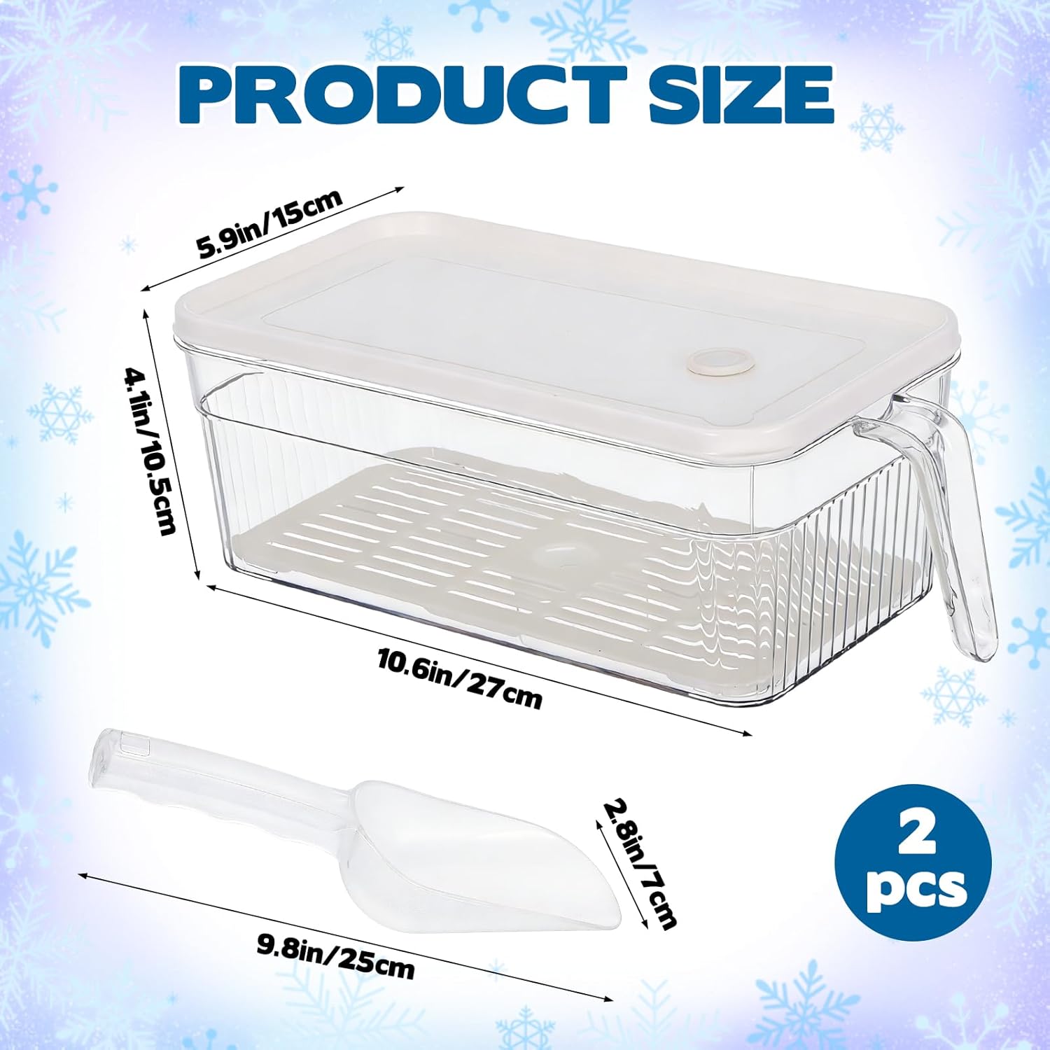 CIEOVO 2 Set Ice Bin for Freezer with Lid and 2 Scoop Set Plastic Freezer Ice Bin with Pull-Out Handle Clear Storage Bucket Kitchen Food Storage Organizer for Home Office Fridge Kitchen