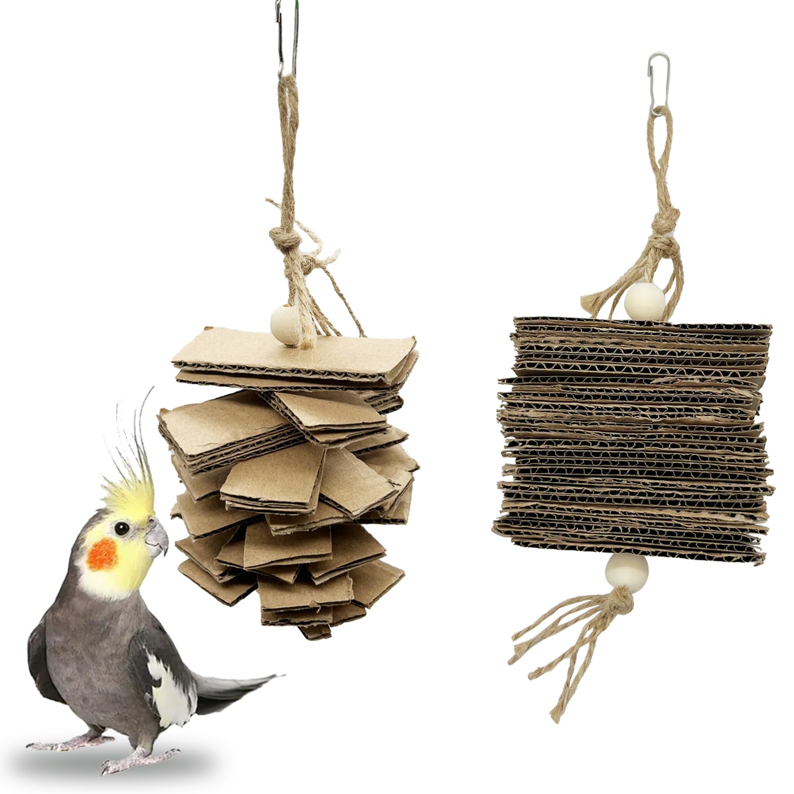 LWINGFLYER 2 Pack Small Parrot Chew Toys Natural Cardboard Paper Hanging Bird Shredding Toy for Budgies Conures Cockatiel Parakeet Lovebirds Canary