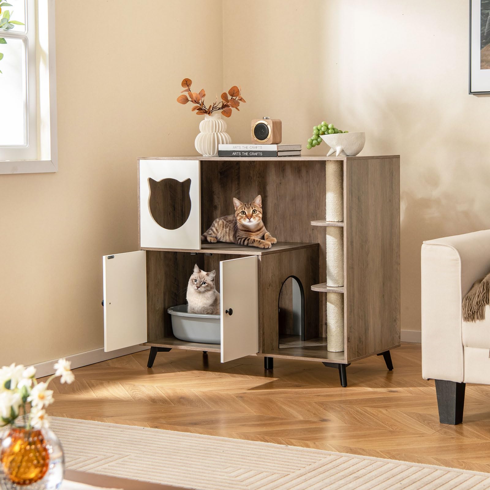 COSTWAY Mueble Arenero para Gatos con 3 Postes Rascadores de Sisal, Condominio para Gatos, Mueble para Caja de Arena 5 en 1 con Baño Oculto para Gato, Carga 30 kg, Gris y Blanco