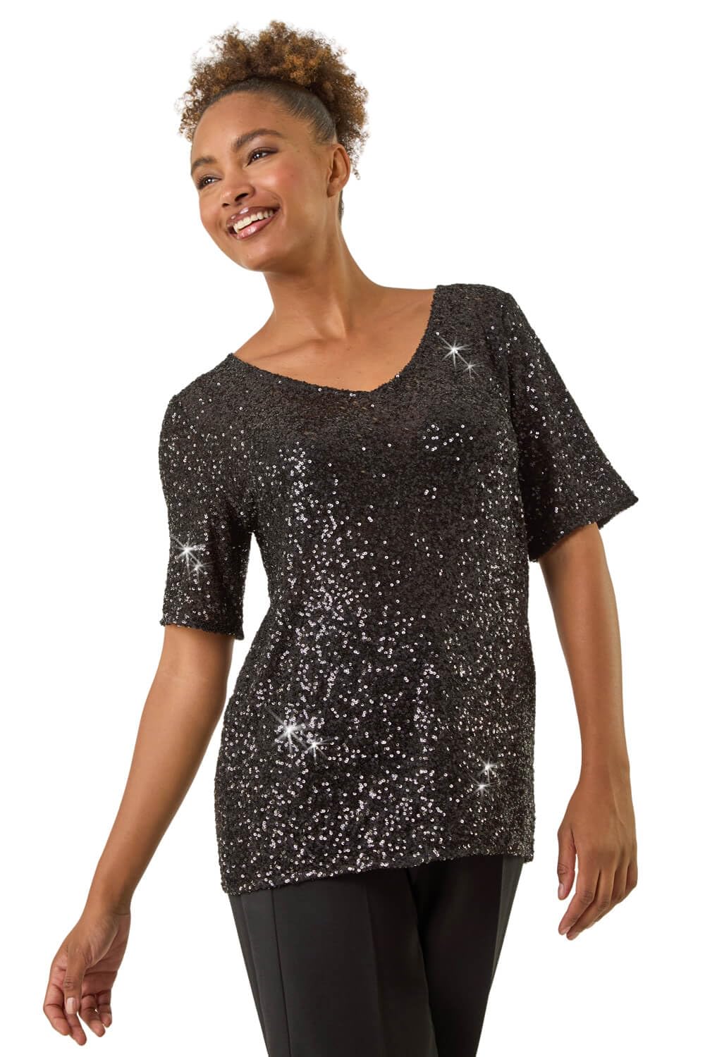 Roman Originals Women's Black Sequin Embellished V-Neck Top For Uk - Everyday Autumn Winter V-Neckline Comfy Soft Evening Vacation Work Party Night Out - Size 10