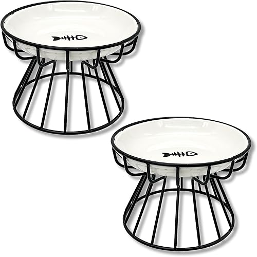 Miniatura 9 de BNOSDM 2 cuencos elevados de comida para gatos, platos de cerámica poco profundos para gatos con soportes de metal, comedero elevado para mascotas,