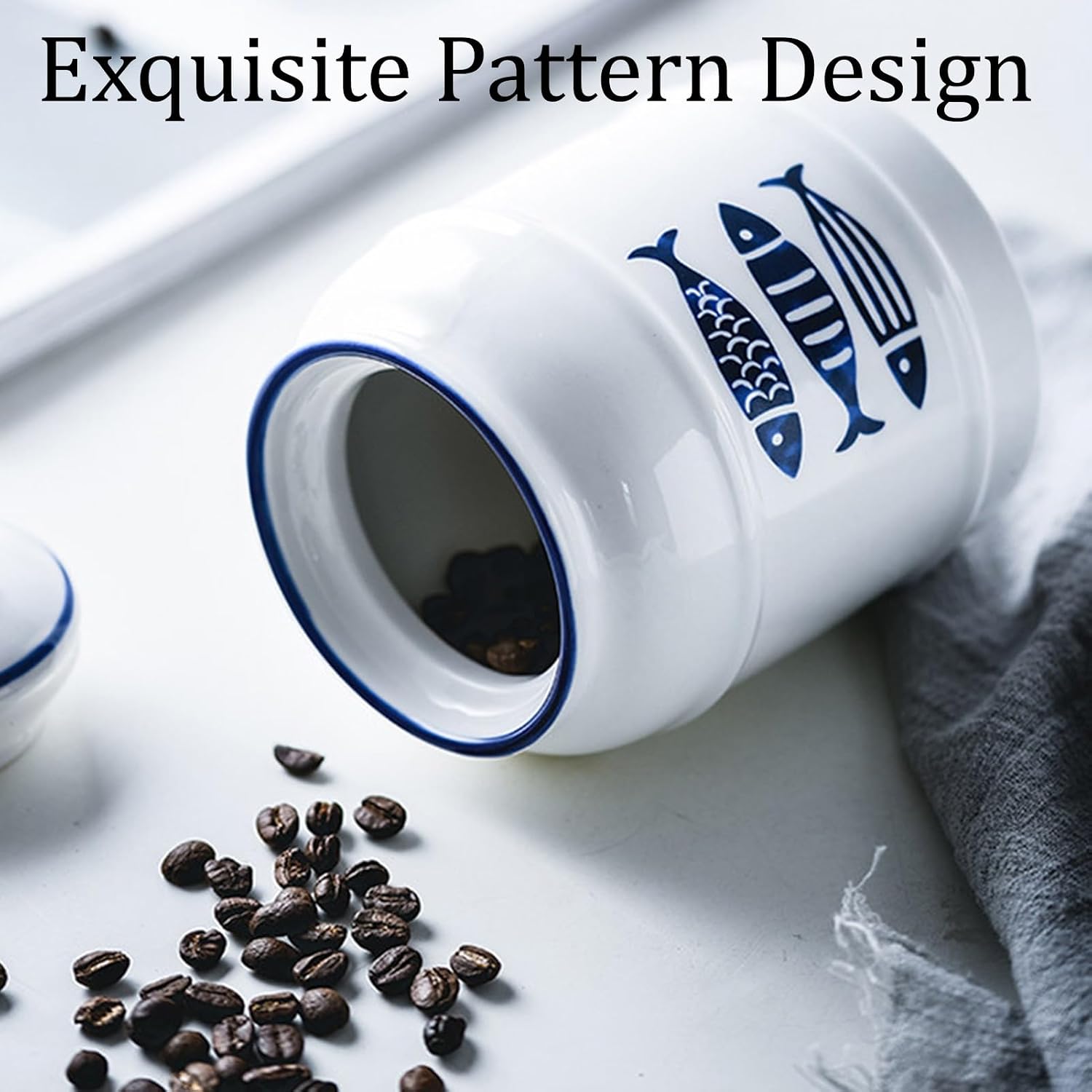 Ceramic Food Storage Container Airtight Kitchen Canister Decorations With Lids Kitchen Organizer Japanese Blue Fish Design For Snacks Nuts Candy Coffee And Cereal(Medium)