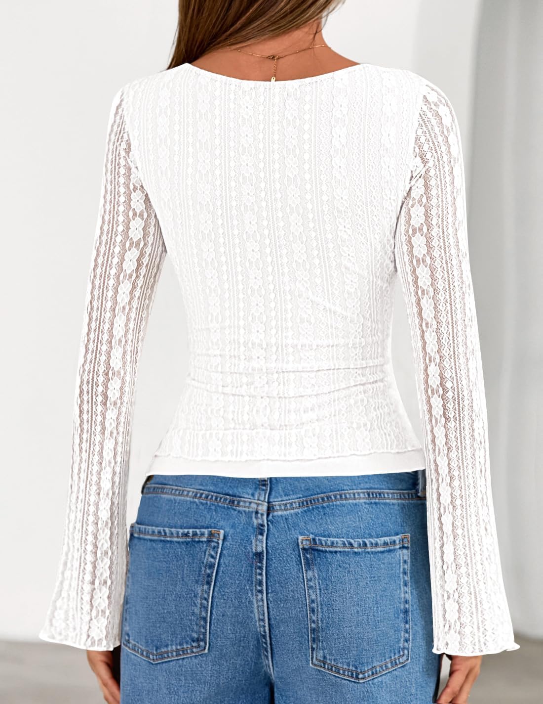 ZESICA Womens 2026 Spring Summer Lace Mesh Sleeve Tops Going Out Double Lined Slim Fit Asymmetrical Shirts Date Night Outfit - Image 3