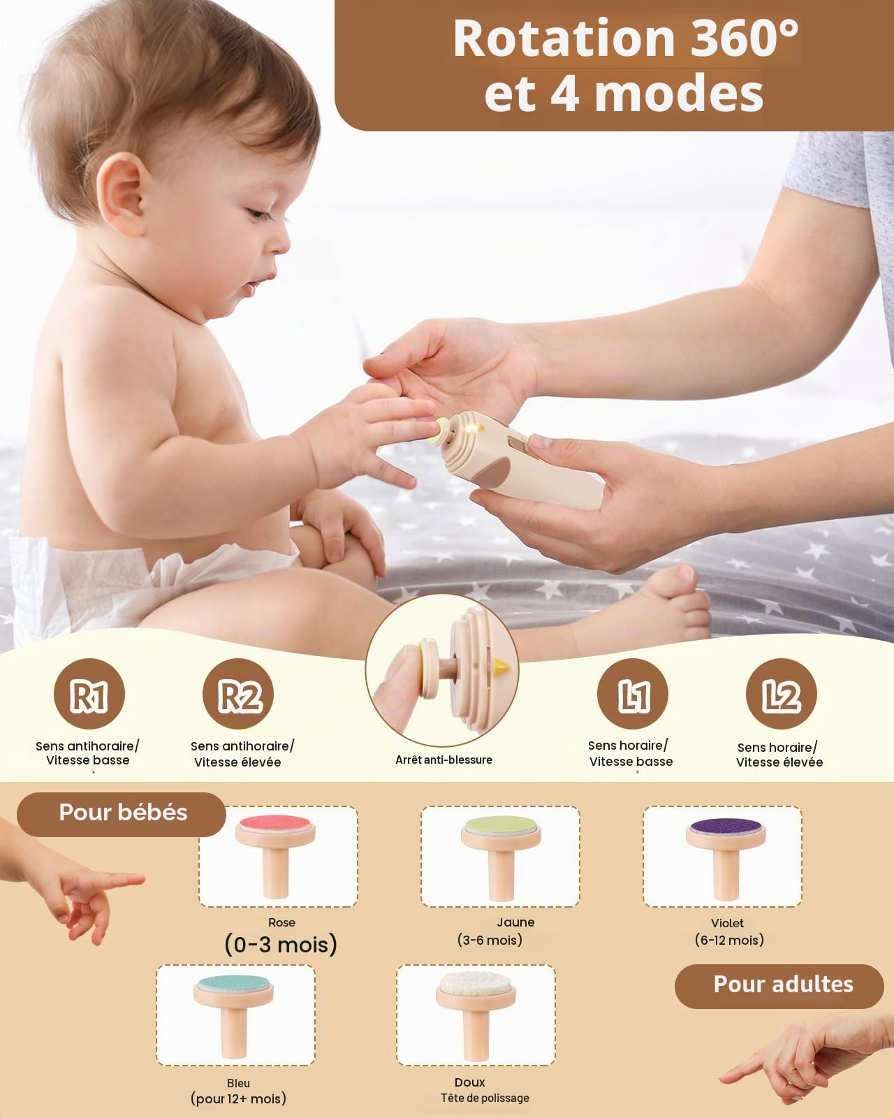Lictin Lime à ongles électrique pour bébé, Lime à ongles rechargeable pour bébé, Lime à ongles électrique avec lumière, Lime à ongles pour bébé avec 10 têtes de meule de rechange, Khaki