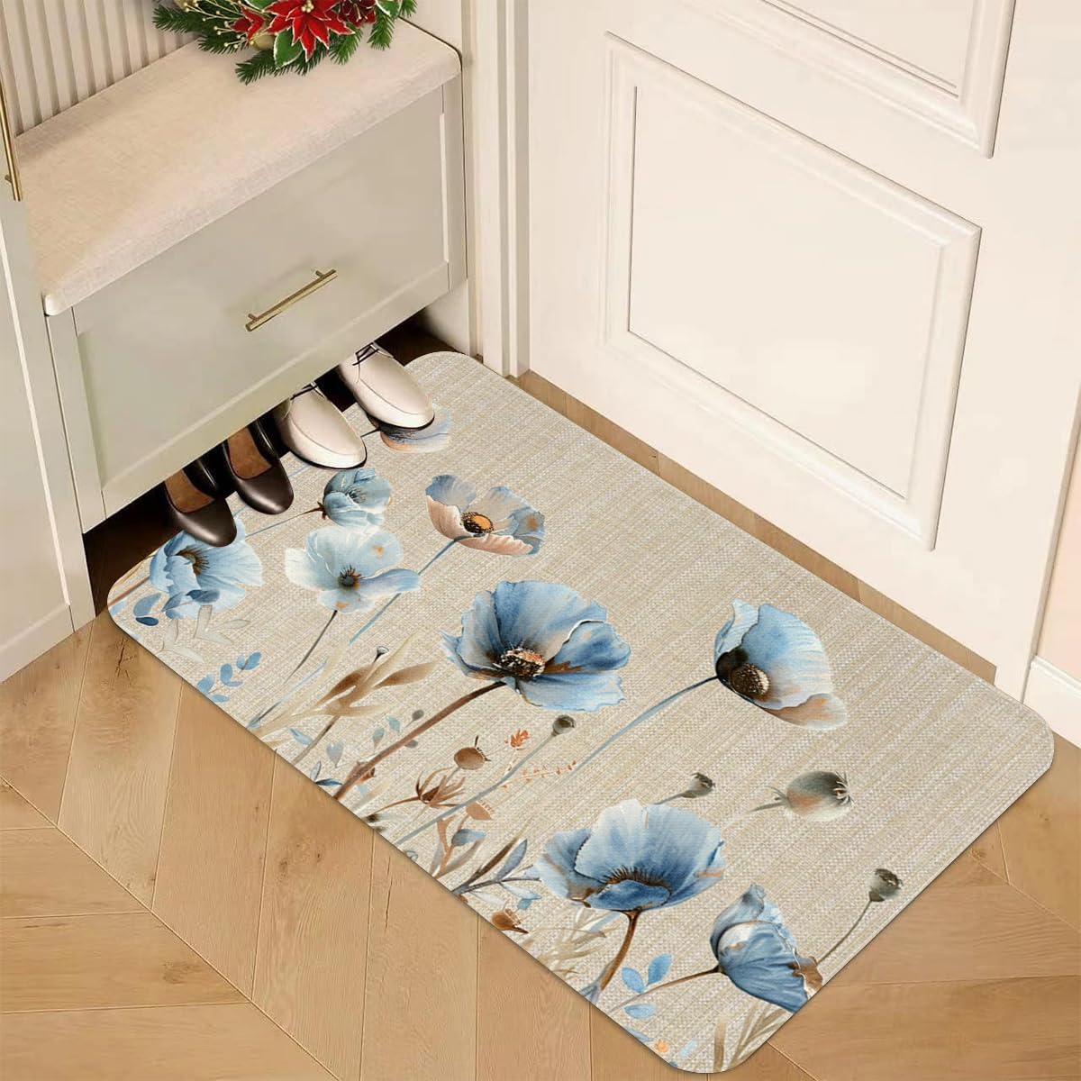 Blue Poppy Floral Kitchen Rugs Set of 2- Cotton Linen Blend Floor Mats(17.7''x29.5''+17.7''x47'') - Washable Non-Slip Kitchen Mats for Home Office Bedroom Bathroom Laundry