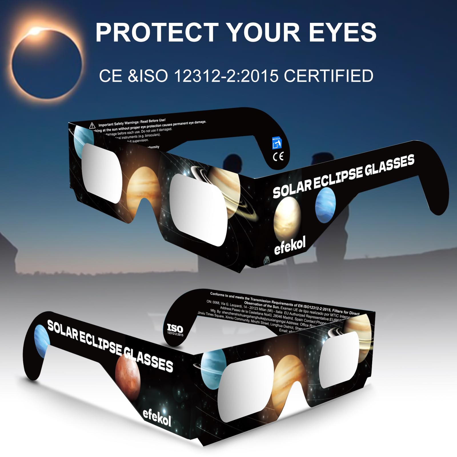 efekol Gafas Eclipse Solar Homologadas (12 Pack) - Certificación CE y EN ISO 12312-2 para Observación Segura del Sol - Eclipse Total 12 de Agosto de 2026 (Total en España, Parcial en Europa)