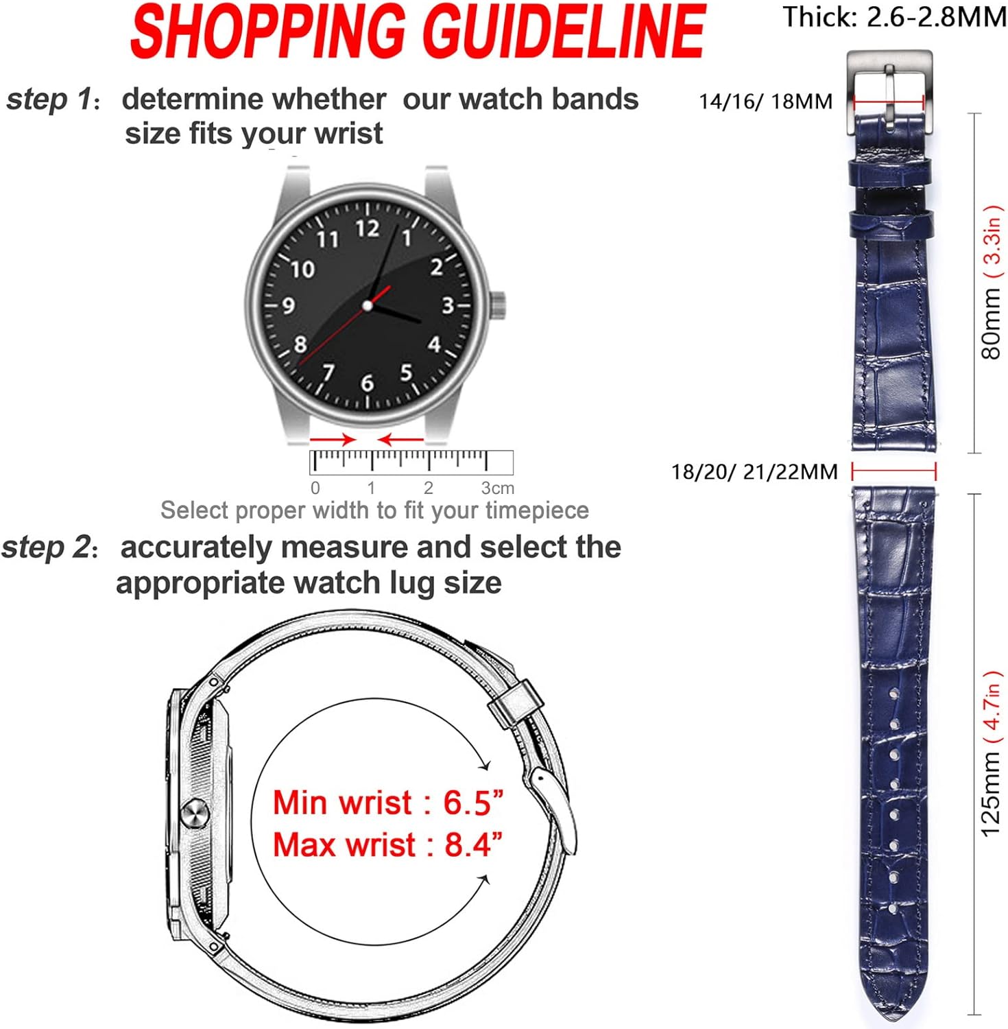 Hemsut Alligator Grain Leather Watch Band, Quick Release Genuine Leather Watch Strap 18mm,19mm, 20mm, 21mm 22mm for Men and Women