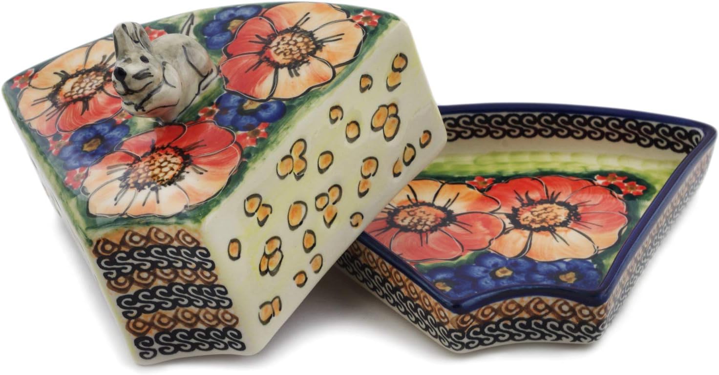 Polmedia Polish Pottery Cheese Dish UNIKAT - Bright Beauty Pattern Handmade in Boleslawiec Poland + Certificate of Authenticity