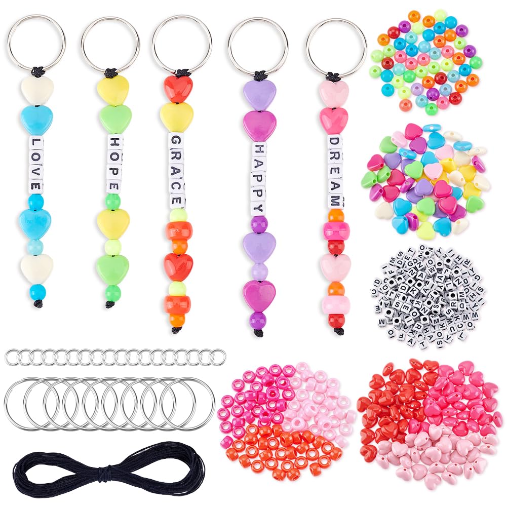 arricraft 610 Pcs Beaded Keychain Making Kit, Including Red Heart & Round Acrylic Seed Beads, Key Rings and Polyester Cord for Halloween Gifts Christmas DIY Making Keyring Valentine's Day Jewelry