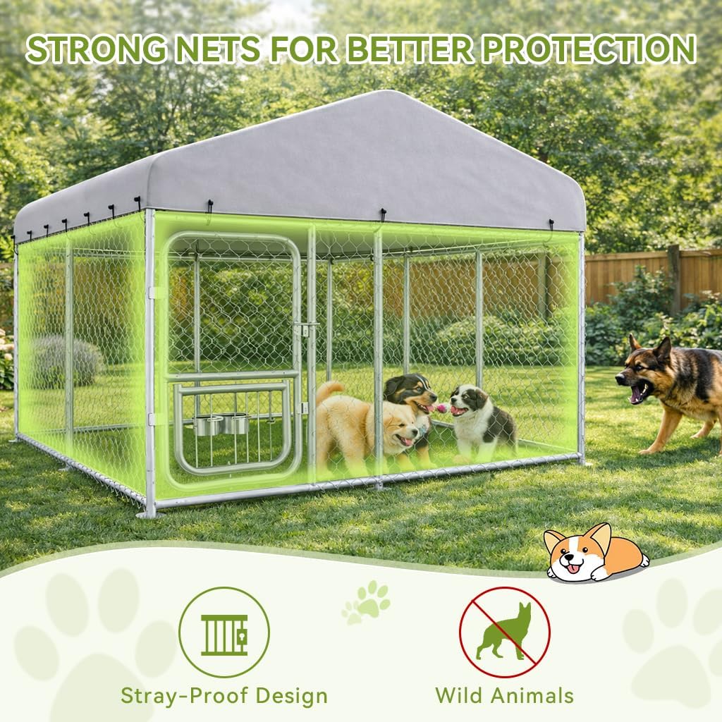 COMHOMA 7.5×7.5FT Outdoor Dog Kennel with Adjustable Bowls Feeder Heavy Duty Extra-Large Dog Enclosure with Roof & Lock All Weather Resistant for Medium Large Dogs