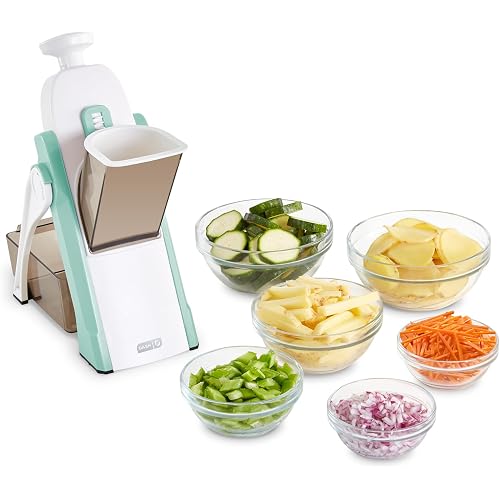 Dash Safe Slice® Mandoline - Compact, Foldable Food Slicer - Slice, Dice, Julienne & More - Perfect for Quick Food Prep - Recipe Guide Included - Aqua