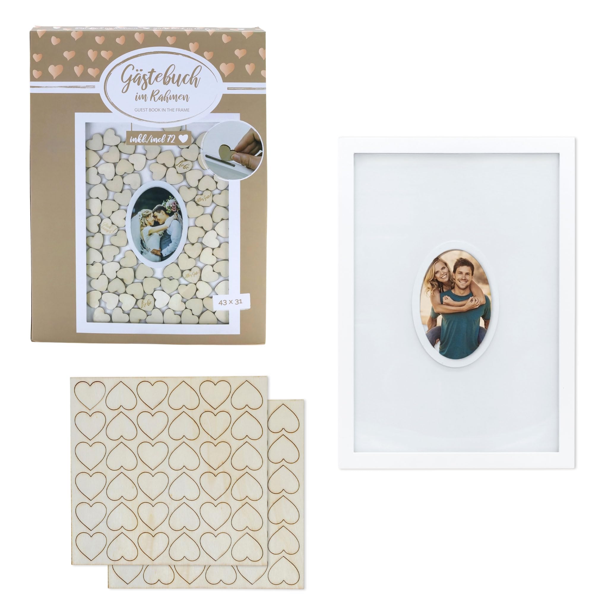Livre d'or Spetebo avec cadre photo et 72 cœurs en bois sur lesquels écrire - Idéal pour un mariage