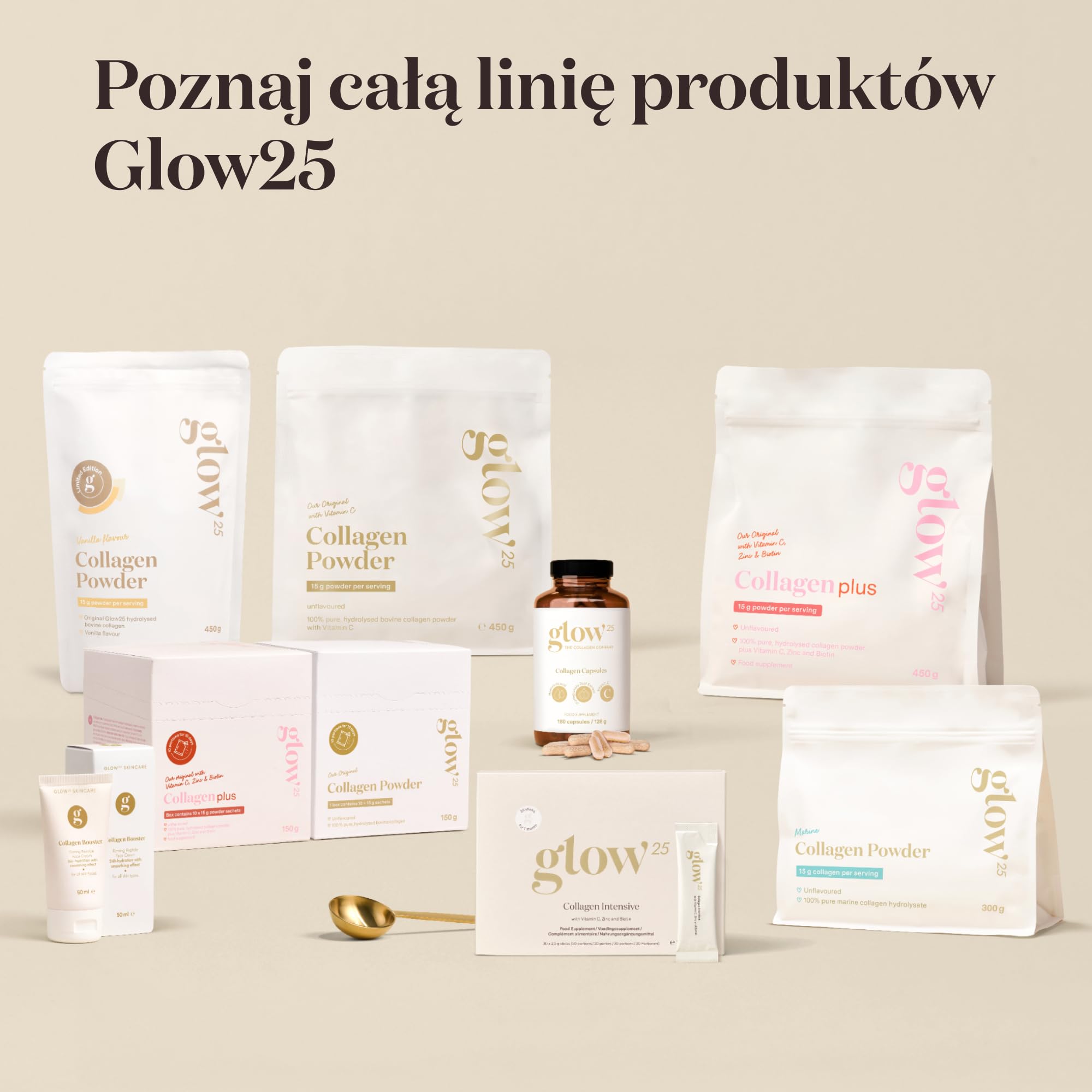 Glow25® Collagen Plus Type Strawberry [450g] – Hydrolizat kolagenu z witaminą C, cynkiem i biotyną – Peptydy typu 1 i 3 – Stworzony specjalnie do wody – O smaku truskawkowym