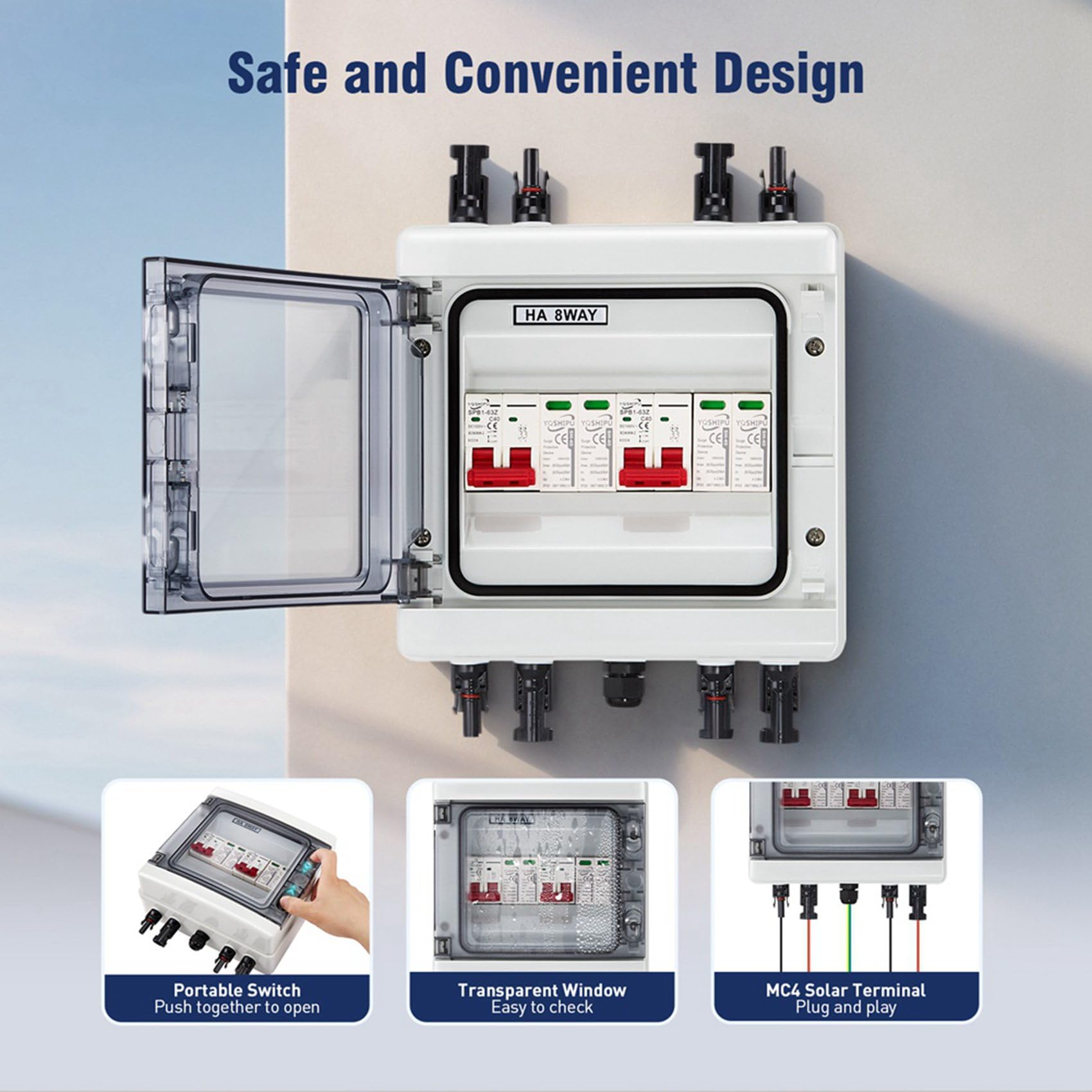 2 scatole combinate solari con protezione multistrato, PV 2 ingressi e 2 uscite, interruttore di separazione DC40A, impermeabile IP65