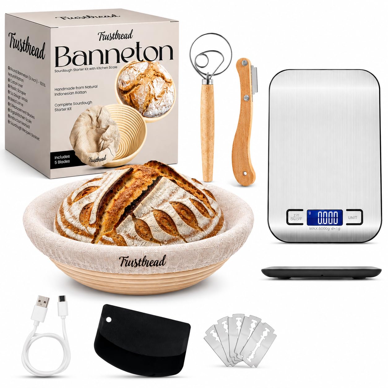 TRUSTBREAD Sourdough Starter Kit, Digital Scale & Banneton Proofing Basket