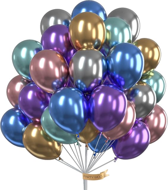 PartyWoo Metallic Balloons, 50 PCS 12 Inch Shiny Balloons in Gold, Red, Blue, Purple, Silver and Green, Metallic Balloon for Princess Ariel Party, Little Mermaid Party Decorations, Space Party