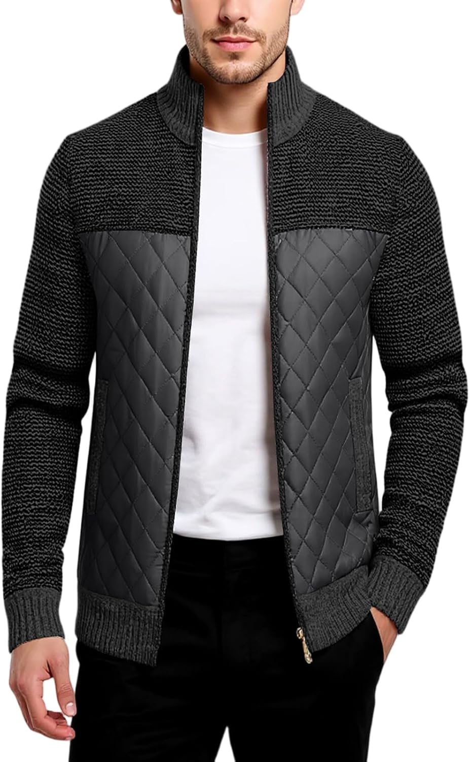 Men's Cardigan Sweaters Casual Full Zip Sweater Color Block Knitted Jacket With Pockets, M-3XL