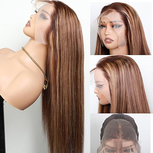 Miniatura 2 de Peluca de cabello humano rubio miel 427 de 30 pulgadas, 13x4, HD, transparente, encaje frontal, con reflejos, peluca de cabello humano lacio,