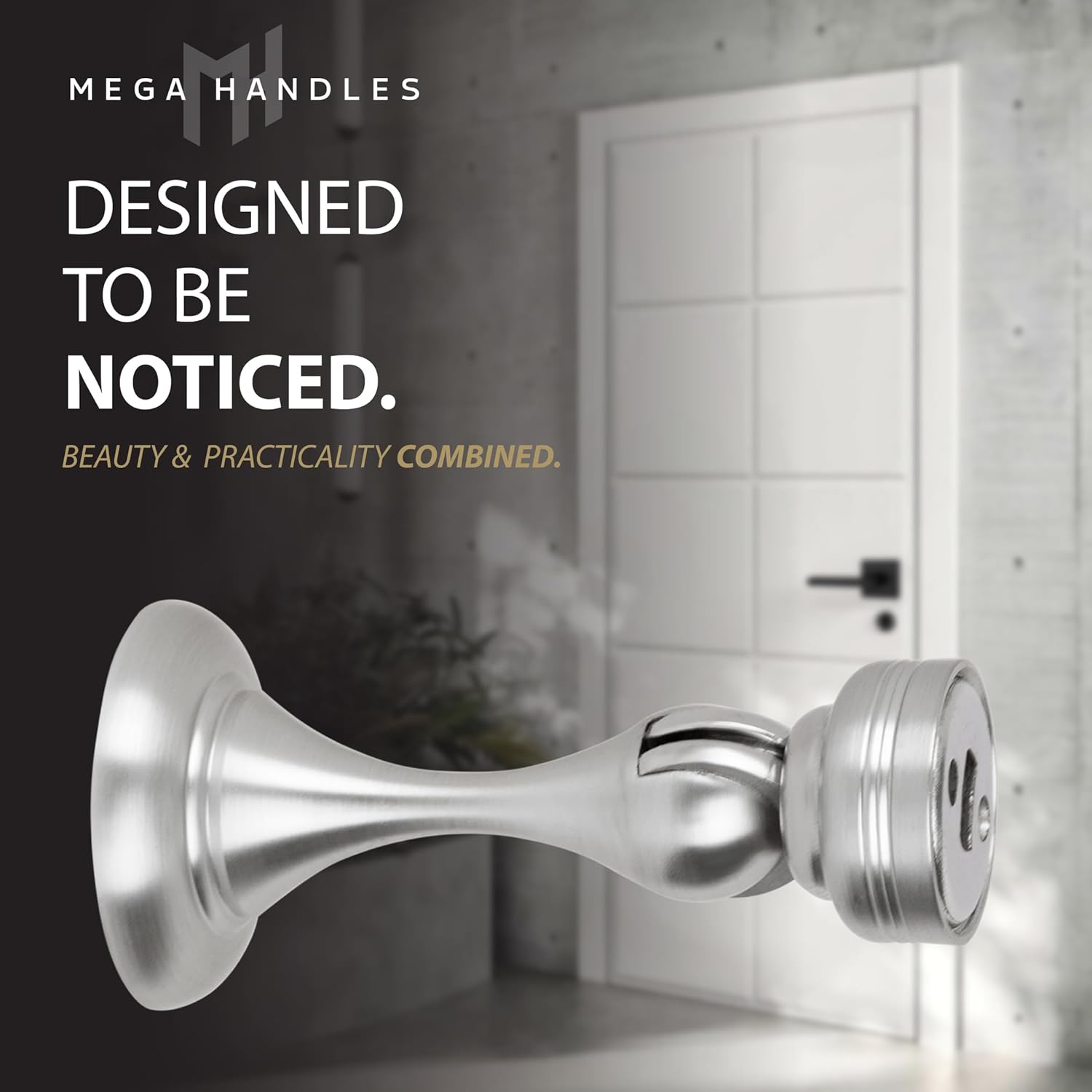 Mega Handles Magnetic Door Stopper, Scratch Free Magnetic Door Catch for Wall, Elegant Magnet Stopper for Floor or Wall - Satin Nickel (2 Pack)