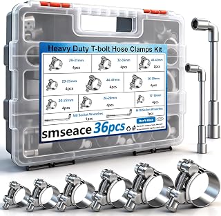 smseace 36Pcs 17-47mm T-bolt Hose Clamps 304 Stainless Steel 9-sizes Heavy Duty T bolt Hose Clamps with M8 and M10 Socket Wrenches