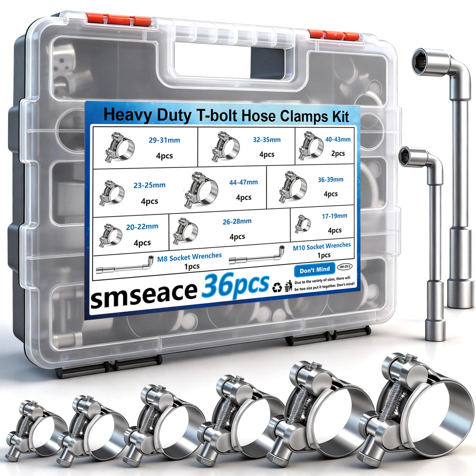 smseace 36Pcs 17-47mm T-bolt Hose Clamps 304 Stainless Steel 9-sizes Heavy Duty T bolt Hose Clamps with M8 and M10 Socket Wrenches