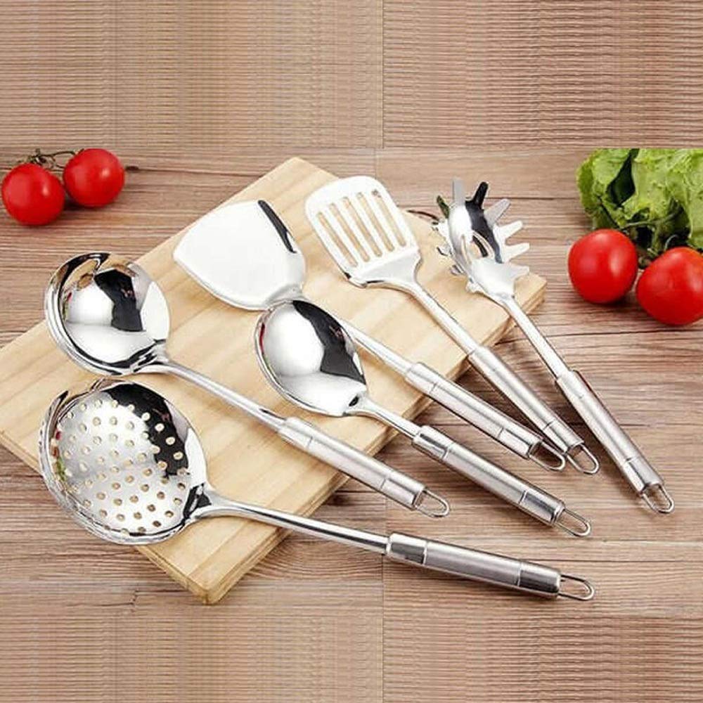 Kochutensilien Kochgeschirr Kochen 7-teiliges Set Edelstahl Kochutensilien Suppenkelle Löffel Schlitzschaufel Wender Pfannenwender Sieb Pastaheber Küchenutensilien