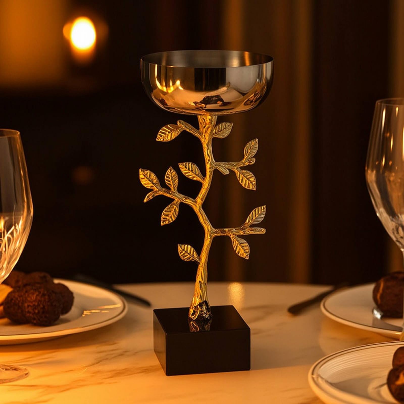 LOVIVER Portacandele Portacandela Candelabro Candeliere in Lega con Coppa in Acciaio Inossidabile E Base Quadrata Nera Stelo Dorato con Foglie Tavola Mensola, S