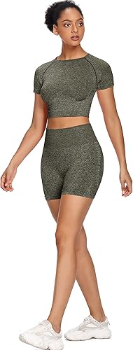 Miniatura 9 de Sytiz Conjunto de 2 piezas de yoga sin costuras para mujer pantalones cortos de gimnasio y camiseta corta de manga corta