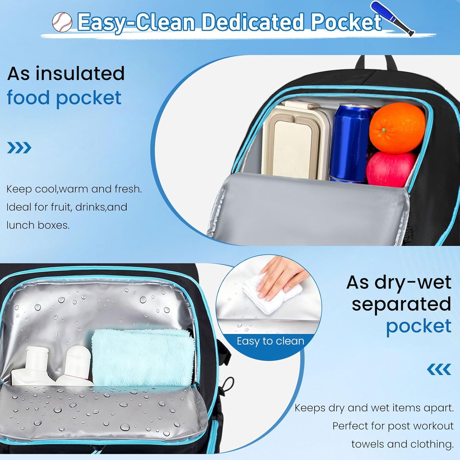 Rolling Baseball Bag with Detachable Wheels, Youth Baseball Backpack Holds 4 Bats with Shoe Compartment&Cooler, Baseball & Softball Equipment Bags with Multiple Pockets for Baseball Gear