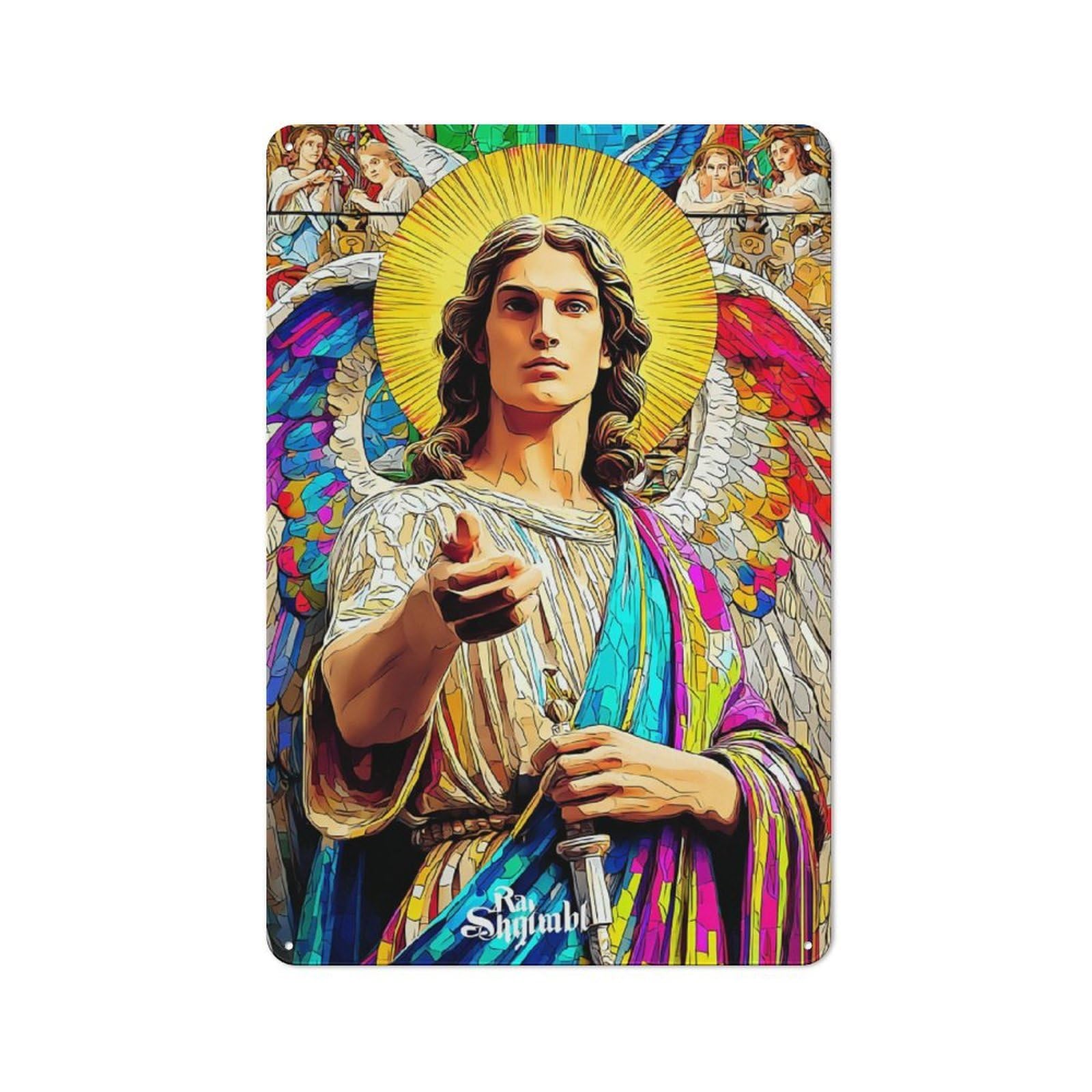 Junmoney Colorful Angelic Figure With Sword Cottage Metal Wall Decor 30X20cm, Shed Metal Sign For Conservatory, Home Bar Or Utility Room