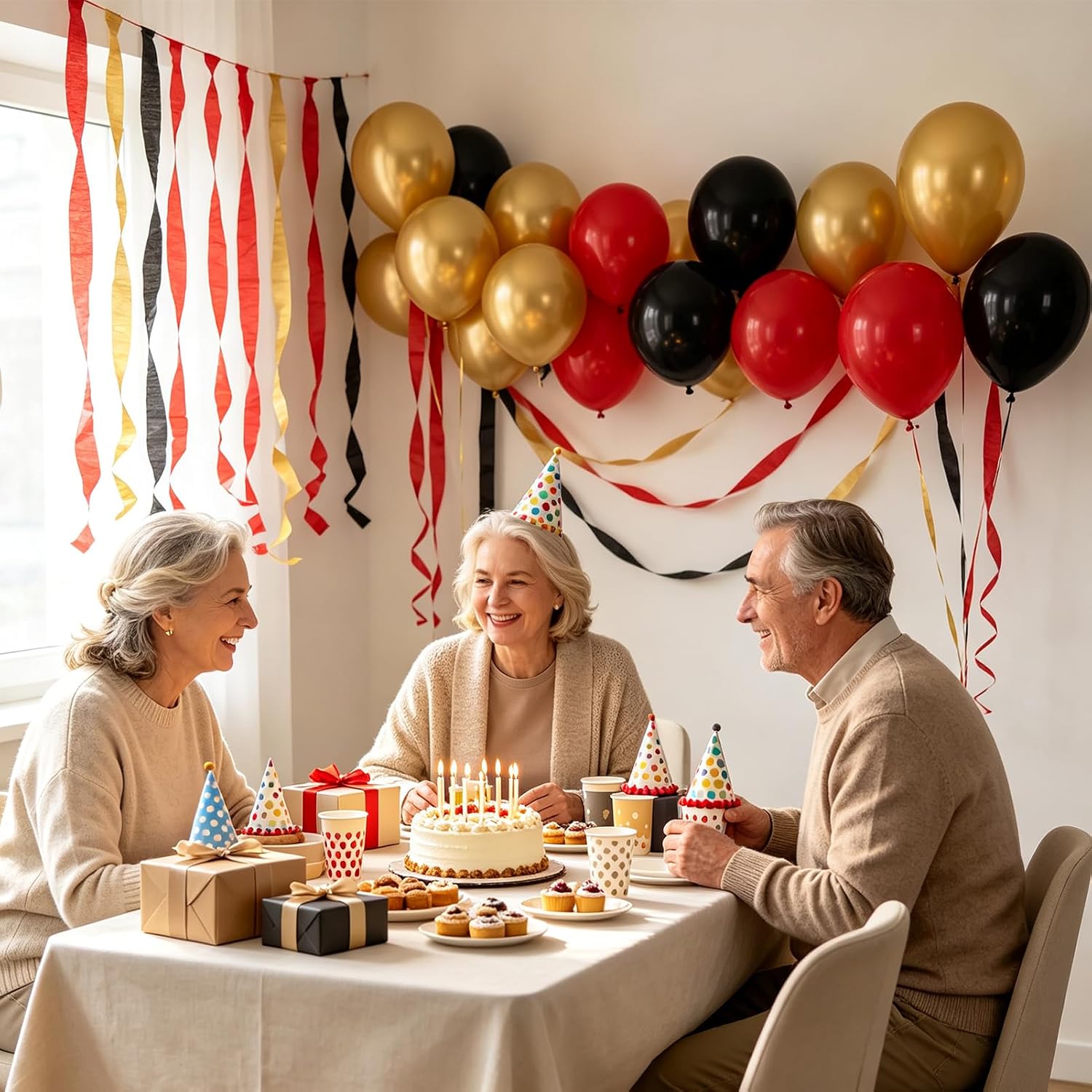 39 Pcs Crepe Paper Streamers, 1.77in x 82ft Thickened Party Streamers, Red Black Gold Decorations with Coordinating Balloons for Theme Birthday, Photo Booth Backdrop & Ceiling Swag