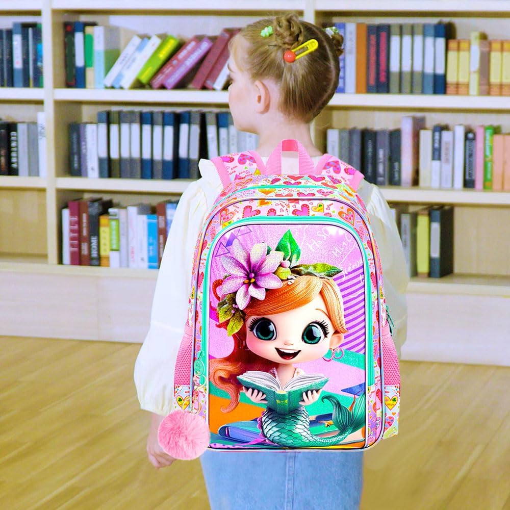 AGSDON 3PCS Mermaid Backpack for Girls, 16" Kids Backpacks Water Resistant with Lunch Box, Bookbag for Elementary Preschool