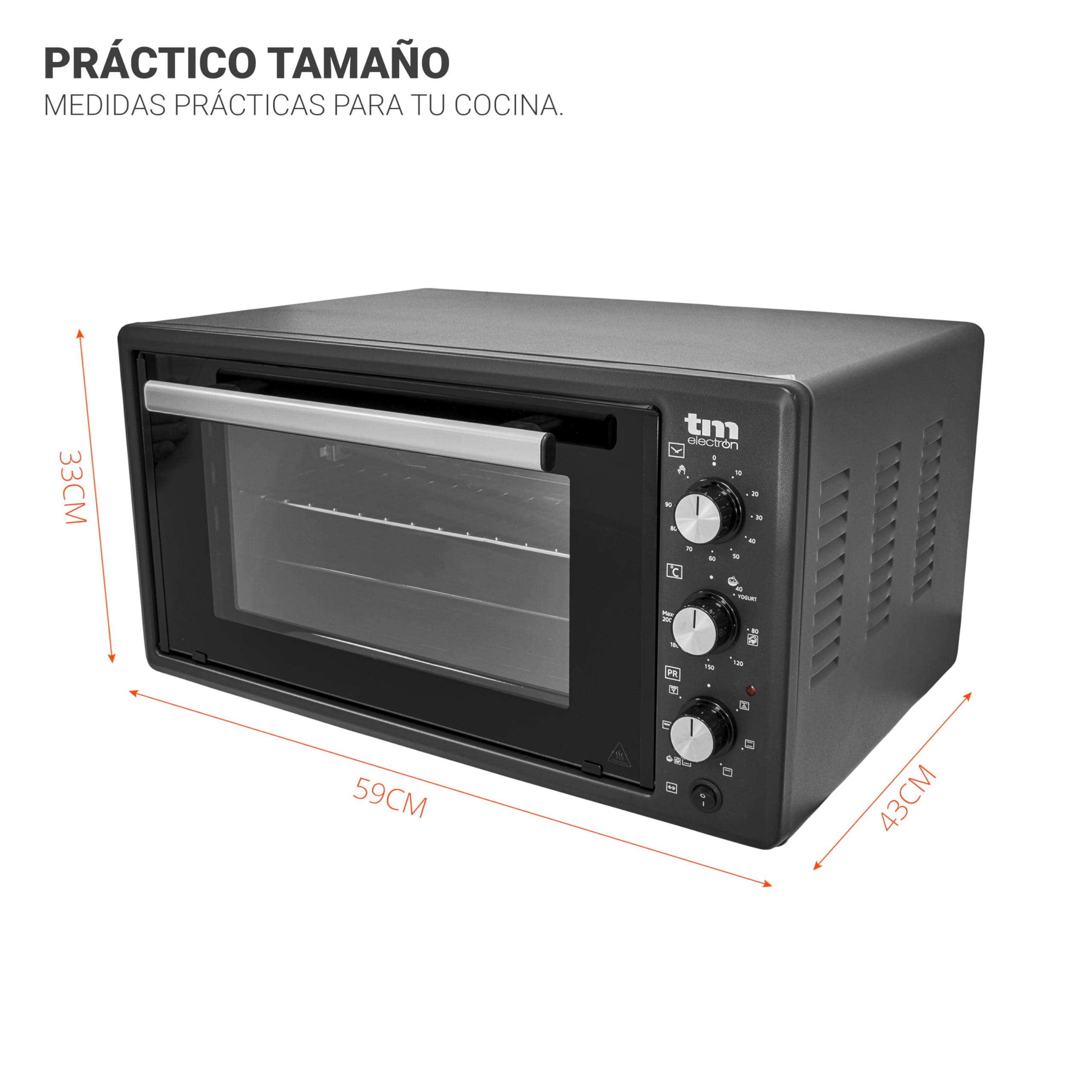 TM Electron TMPHO045 Horno de Convección de Sobremesa, 6 funciones, capacidad de 45 litros, temporizador 90 minutos, temperatura ajustable de 80º hasta 250º, 1400W