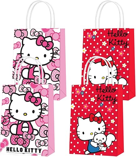 16 bolsas de regalo de papel para fiesta de Hello Kitty, 2 estilos de bolsas de recuerdo de fiesta con asas para decoraciones de fiesta de Hello