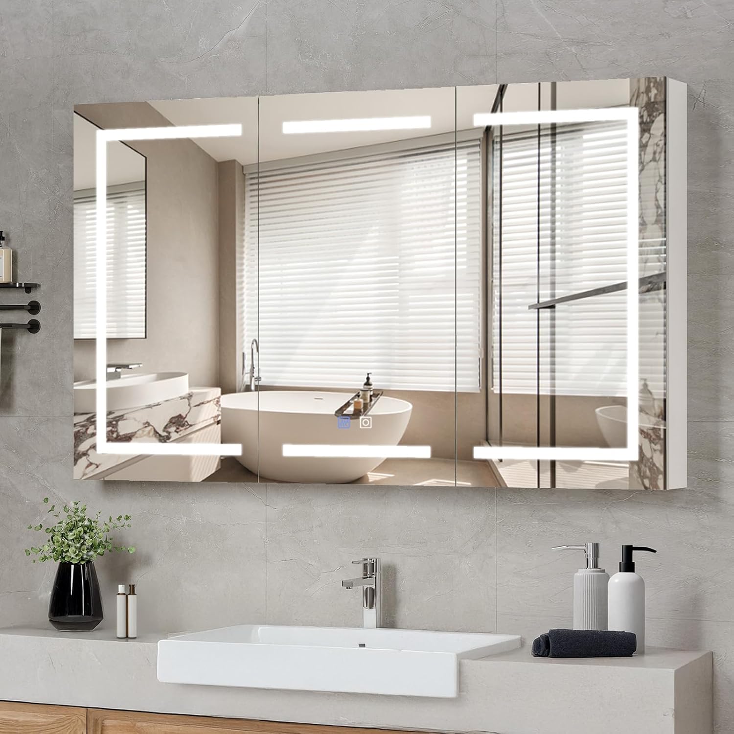 An open medicine cabinet revealing multiple adjustable glass shelves filled with various toiletries and beauty products, demonstrating ample സംഭരണ സ്ഥലം.