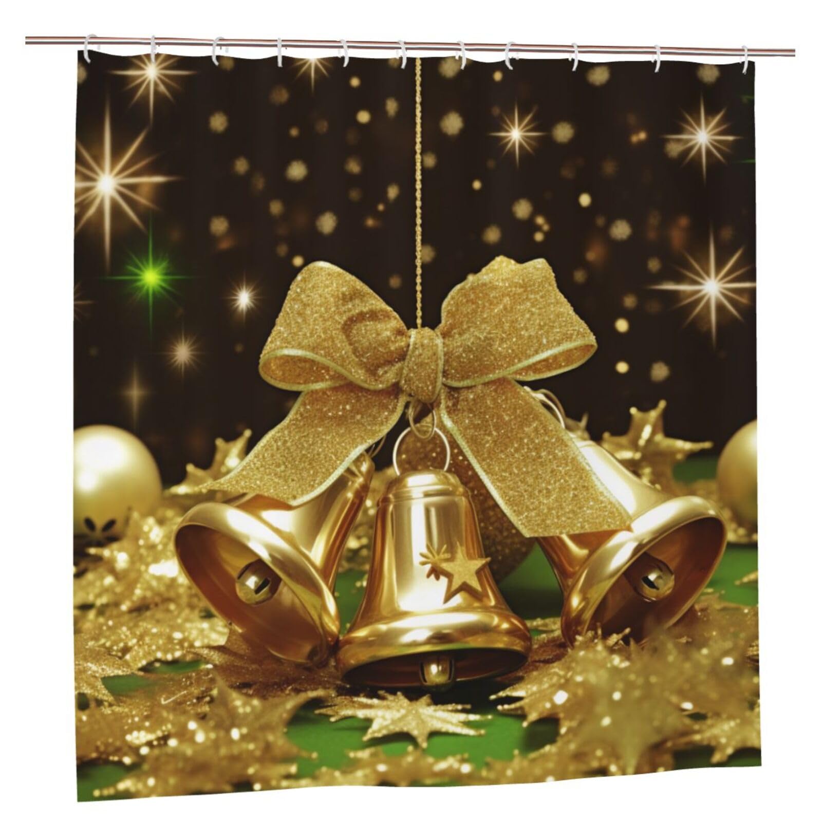 BWWHCCTI Xmas Gold Balls and Bells Printed Shower Curtain With 12 Plastic Hooks Opaque Quick Drying Waterproof Shower Curtains Sets For Bathroom 183x183 CM