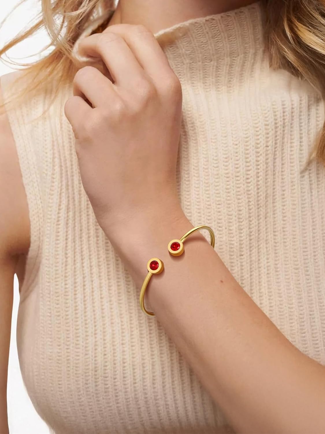 KeyStyle Stainless Steel Birthstone Bracelets for Women,Jan - Dec Birthday Cuff Bracelet fit Wrist from 6.7"-7.6",14K Gold Plated Bangle Bracelets Come with Box - Image 3