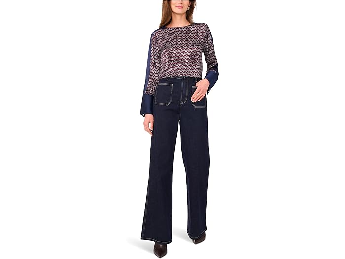 Crew Neck Extended Shoulder Long Sleeve Blouse with Wide Cuff - Image 1