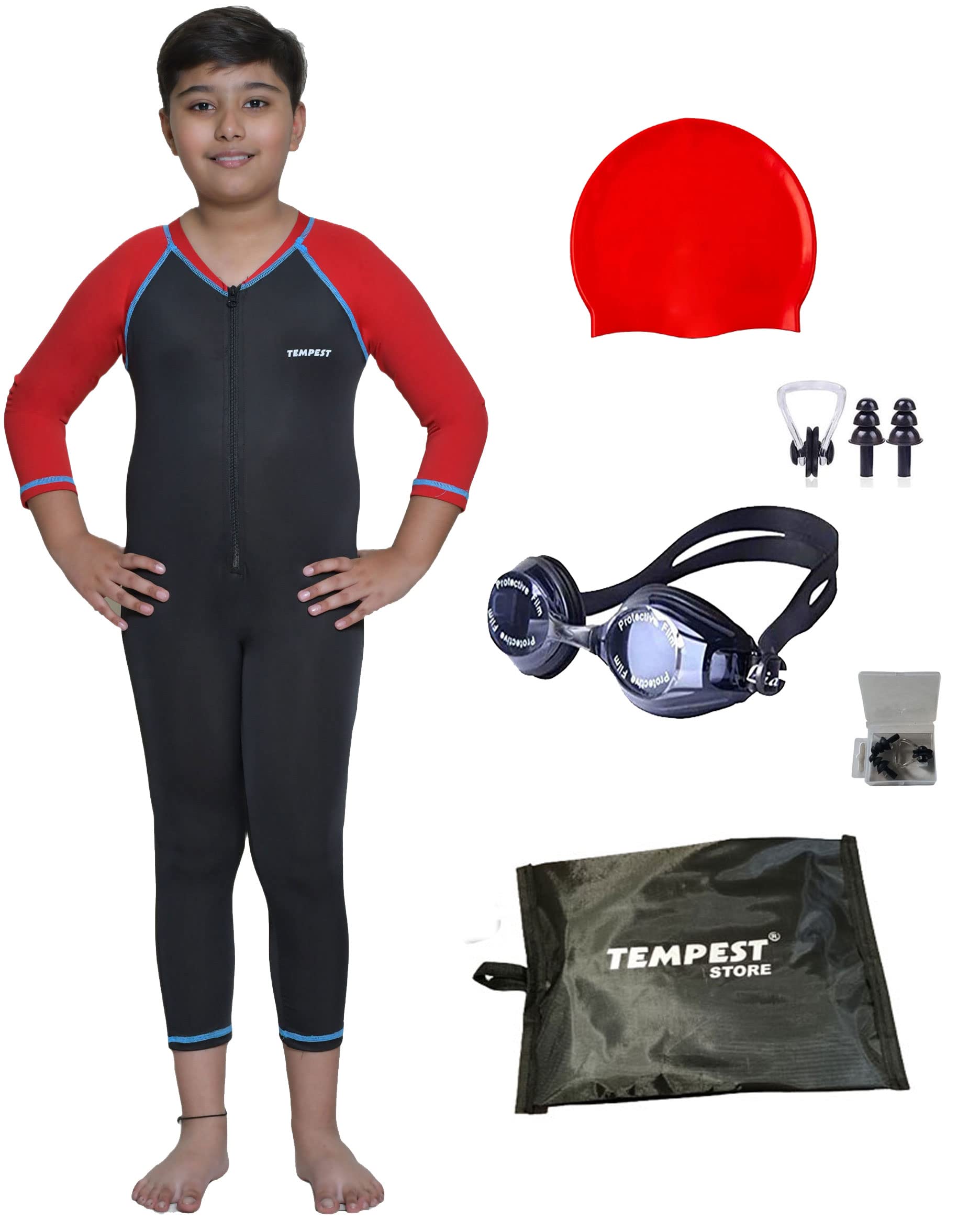 Tempest Boy Swimming Kit with 1 Swimming Shorts | Costume | Trunk Swimming 1 Anti Fog Swimming Goggles 1 Silicone Swimming Cap 1 Nose Clip 2 Ear Plugs(Red, 6 Years - 7 Years)