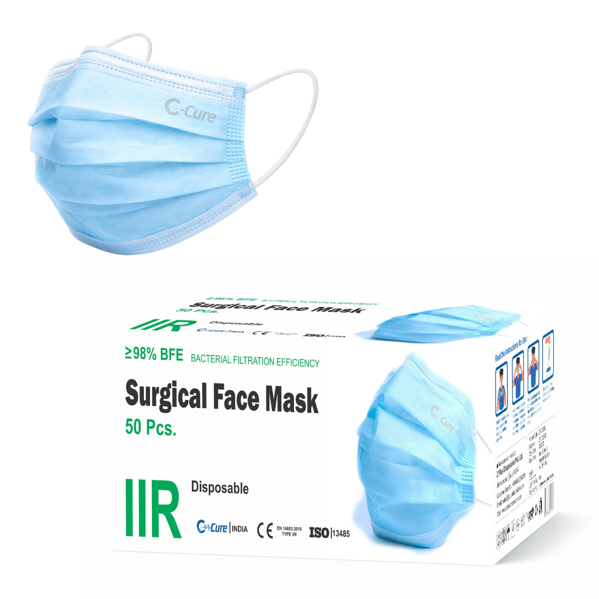 C-Cure 3 Ply Protective Disposable Face Mask Blue | Melt-Blown Filter With Type IIR | Protective Mask For Men & Women | Adjustable Nose Clips | Soft and Elastic Ear Loop (Pack of 50)