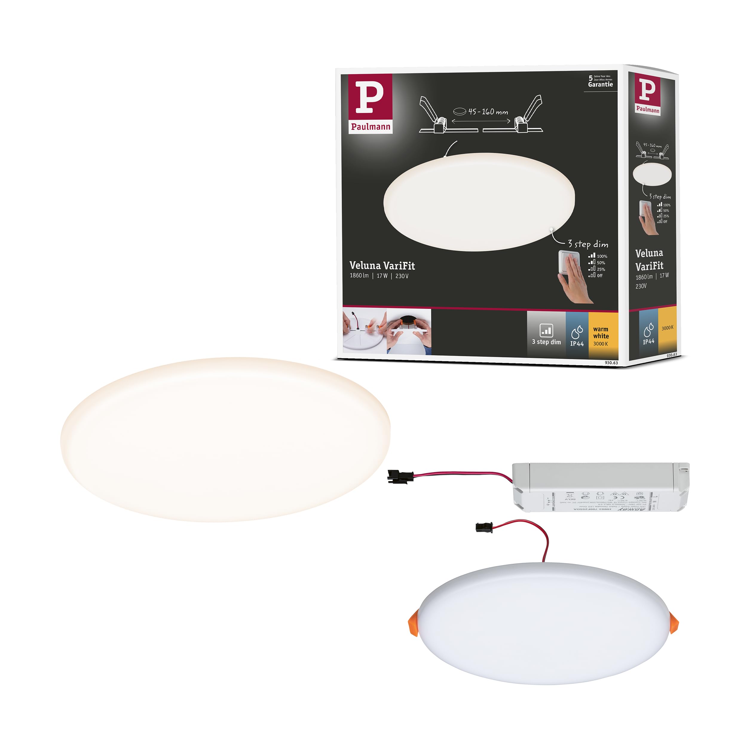 Pauleen Paulmann 93063 Pannello LED Lampada da Incasso Veluna VariFit IP44 dimmerabile su 3 Livelli 185mm Tondo 1x17 Watt plafoniera Satinato plastica 3000 K 17 W, Chrome Matt, Ø