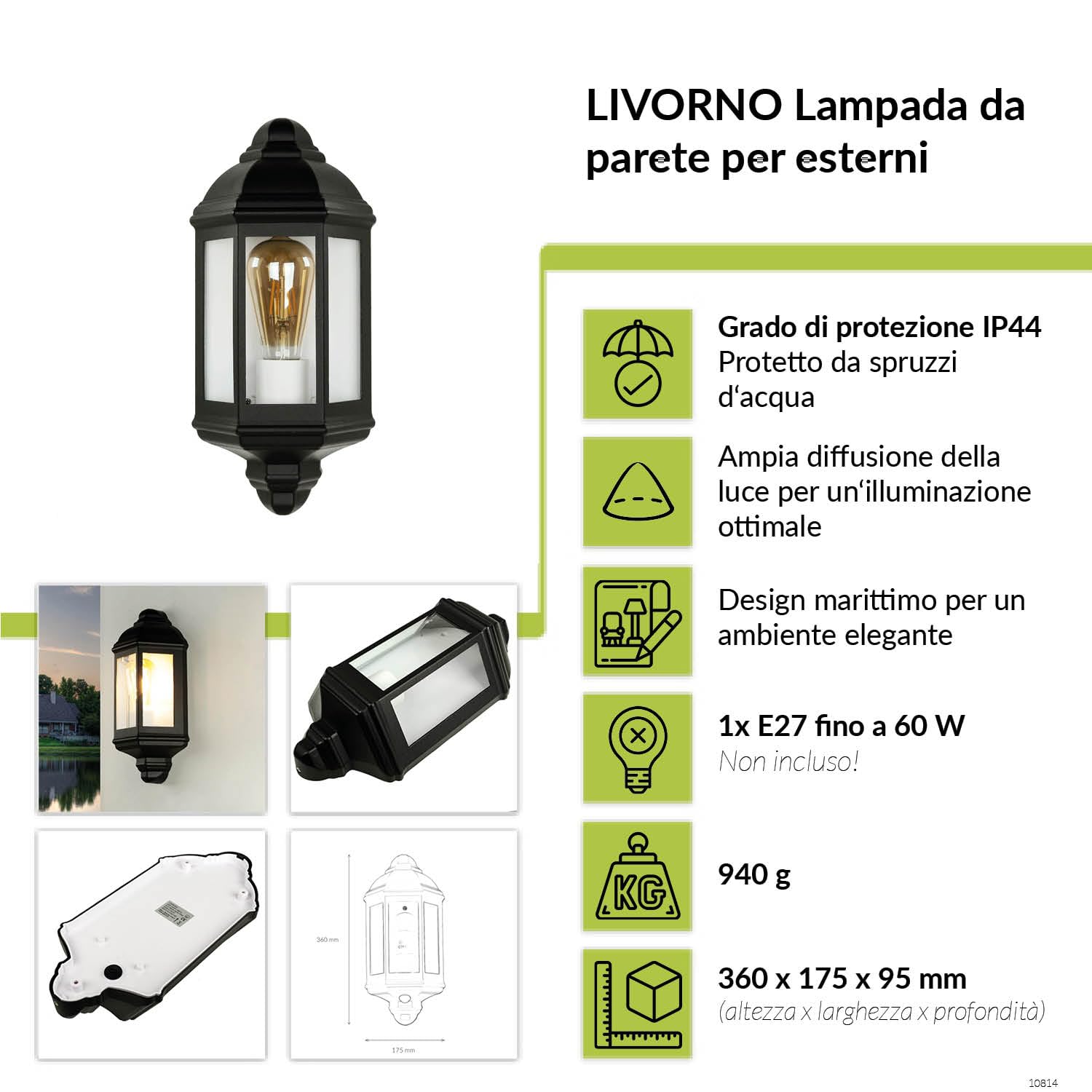 Easylight Lampada da parete esterna nera, lampada da esterno rustica marittima, IP44, E27, H:36 cm, balcone, terrazza, casa, nostalgica, luce da parete esterna